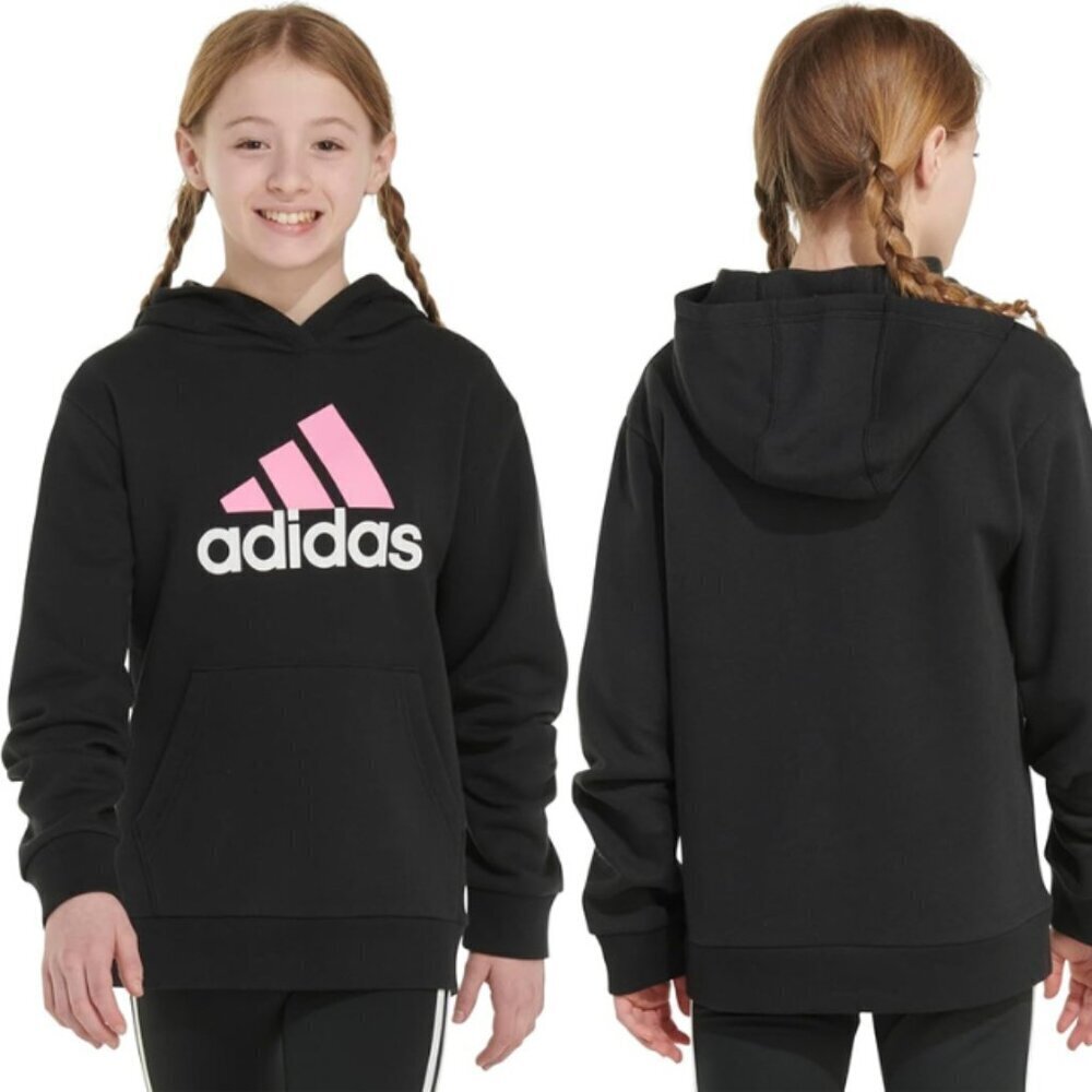Adidas Girls' Long Sleeve Graphic Fleece Hooded Pullover in Black Pink Bos